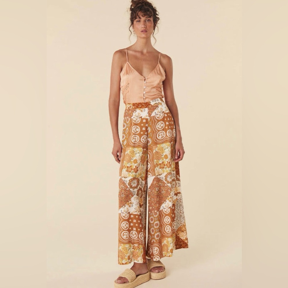 NWT Spell ChaCha Wide Leg Pants Patchwork Print Brown Sugar Small Retro Inspired